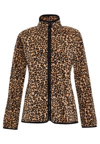 Damska polarowa kurtka z wzorem w panterkę, z długimi rękawami, stójką i zapięciem na zamek z przodu w czarnym wykończeniu.