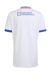 Bílý sportovní dres s modrými akcenty na rukávech a límci. Na zádech je velký modrý nápis "SOCIETE GENERALE" a logo.