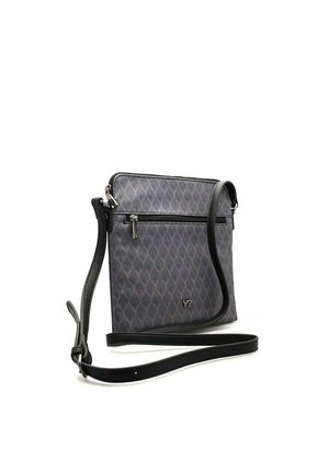 Borsa a tracolla grigia con motivo geometrico, tasca frontale con zip, tracolla in pelle nera regolabile e piccolo logo metallico Y2 sulla parte anteriore.