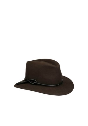 Dark brown fedora hat with a black leather band tied in a knot around the base, shown on a plain white background.