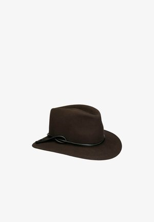 Dark brown fedora hat with a black leather band tied in a knot around the base, shown on a plain white background.