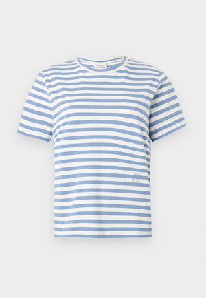 Short-sleeve t-shirt with horizontal white and light blue stripes, crew neck, and small embroidered text near the hem on the right side.