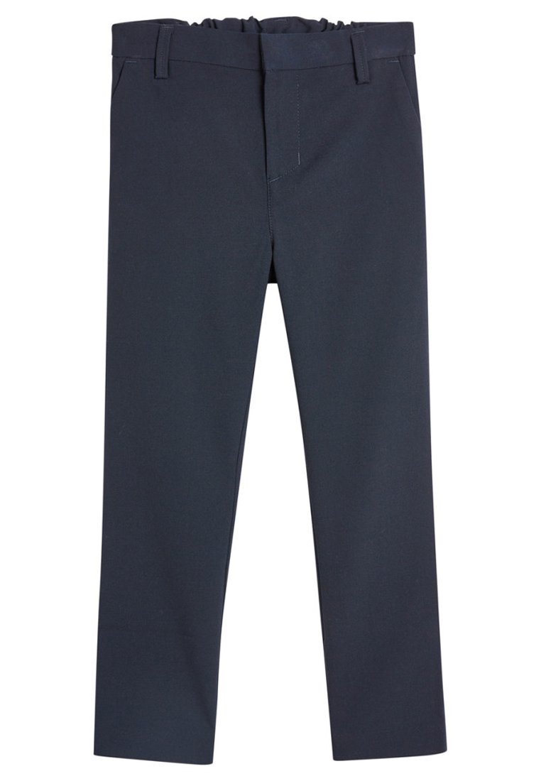 Donkerblauwe broeken met een gladde textuur, voorzien van een gegatherde elastische tailleband, rechte pijpen en een minimalistisch ontwerp.