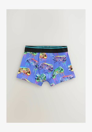 Mėlynų medžiagų boxer šortai su pakartotiniu spalvingų žaidimų valdymo pultelių raštu, juodu juosmeniu ir turkio akcentu.