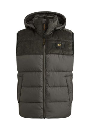 Gilet matelassé sans manches gris foncé avec capuche, fermeture éclair à l'avant, deux poches latérales et logo PME Legend sur la poche poitrine.