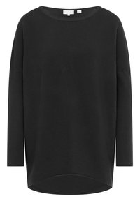 Maglione nero a maniche lunghe con superficie liscia e testurizzata, scollo ampio e orlo leggermente curvo, che offre una vestibilità rilassata.
