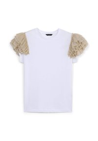 T-shirt bianca con dettagli in rouches plissettate beige su entrambe le spalle, scollo rotondo e maniche corte. Tessuto dalla superficie liscia.