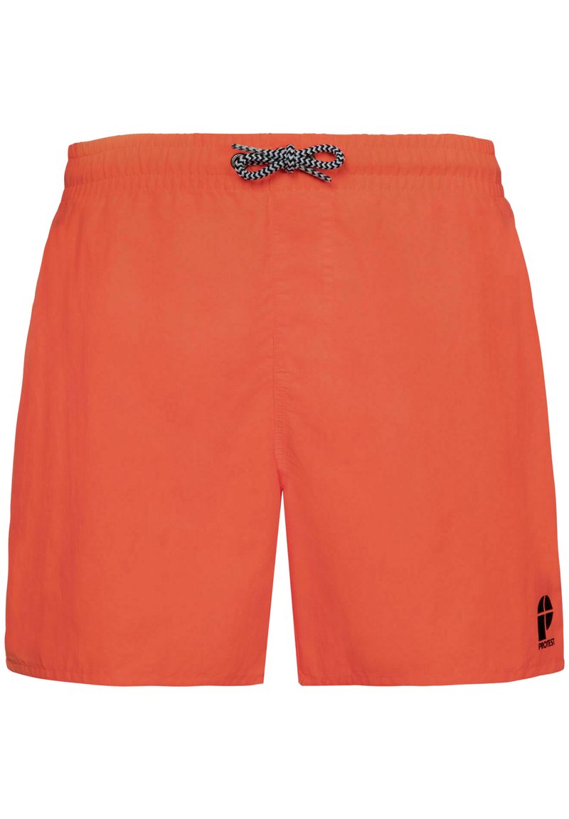 Svetlé oranžové plavky s čiernou šnúrkou a logom. Vyrobené z ľahkého materiálu, s klasickým strihom a dĺžkou nad kolená.