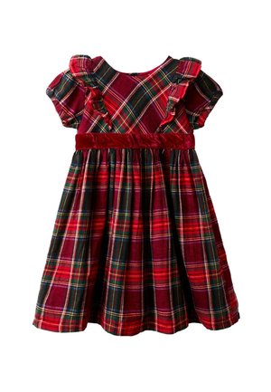 Rotes und grünes karierte Kleid mit kurzen Rüscheärmeln, einem samtigen Taillengürtel und einem ausgestellt Rock. Hergestellt aus weichem Stoff mit strukturierter Oberfläche.