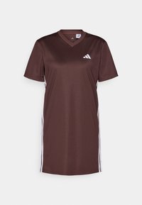 Brown athletic dress made of smooth fabric, featuring a V-neck, short sleeves, and white side stripes. The Adidas logo is displayed on the front.