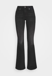 Korkeavyötäröiset mustat farkut, joissa on levenevät lahkeet, etunappi ja viisi taskua neutraalilla taustalla.