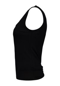 Black tank top with a round neckline and sleeveless design. Made of smooth fabric, featuring a fitted cut and no visible patterns.