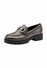Metallic grey loafer made of textured leather with a rounded toe, featuring a silver-tone buckle detail and a black chunky sole.