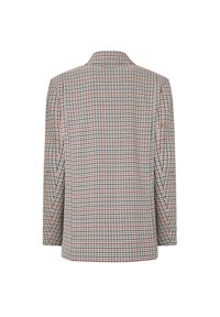 Giacca a scacchi con colletto, caratterizzata da colori blu, rosso e beige. Il tessuto presenta un motivo lavorato e maniche lunghe e dritte.