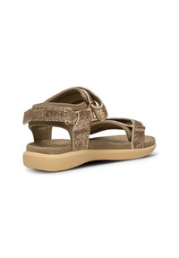 Glittriga bruna sandaler med två justerbara remmar, en vadderad sula och en lätt gummisula. Har detaljer i guldfärg.