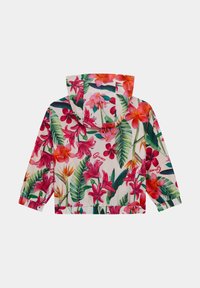 Cropped hooded jacket in lightweight fabric. Features a vibrant floral pattern with pink and orange flowers and green leaves. Elastic cuffs.