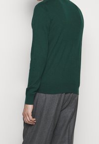 Pullover verde a maglia con scollo rotondo e maniche lunghe, abbinato a pantaloni grigi a trama. Texture liscia e morbida.