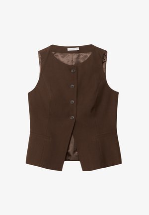 Bruine mouwloze vrouwenvest met vier knopen aan de voorkant, twee zijzakken en een gladde binnenvoering.