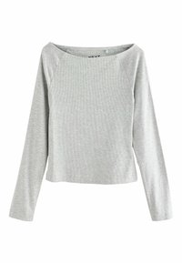 Graues Langarmshirt mit lockerer Passform, weitem Ausschnitt und geripptem Struktur. Merkmale sind Raglanärmel und ein unvollendeter Saum für einen lässigen Look.