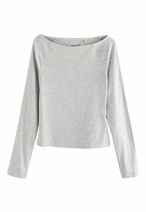 Grey long-sleeve top with a relaxed fit, wide neckline, and ribbed texture. Features raglan sleeves and an unfinished hem for a casual look.
