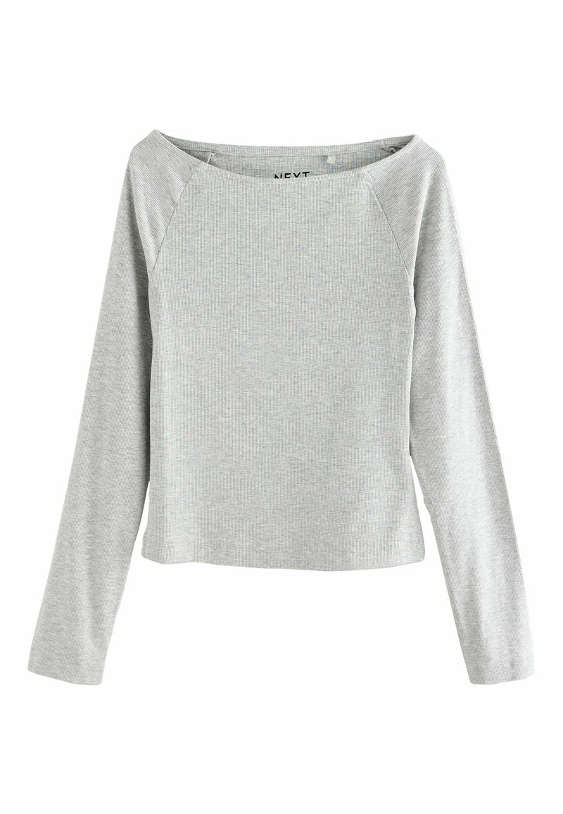 Graues Langarmshirt mit lockerer Passform, weitem Ausschnitt und geripptem Struktur. Merkmale sind Raglanärmel und ein unvollendeter Saum für einen lässigen Look.