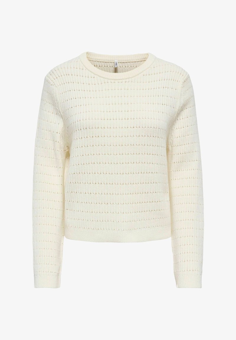 Pull en maille couleur crème à manches longues et col rond, avec un motif ajouré texturé.