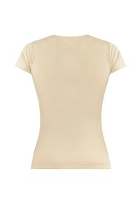 Kurzärmliges, figurbetontes T-Shirt aus leichtem beigen Baumwollstoff. Weiche Textur, runder Ausschnitt und nahtloses Design an den Schultern und dem Saum.