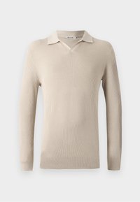 Beige poloshirt met lange mouwen, een V-hals en geribbelde textuur. Zacht materiaal met een klassieke kraag en een aansluitend ontwerp.