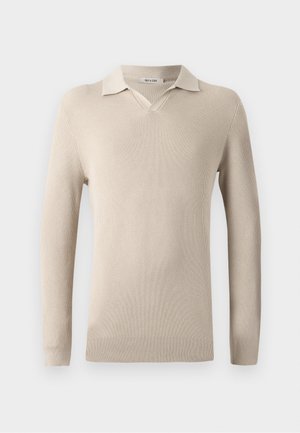 Beige poloko s dlhým rukávom, V-výstrihom a rebrovanou textúrou. Mäkký materiál s klasickým golierom a priliehavým strihom.