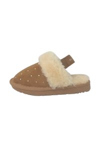 Pantofola in morbido suede marrone con rivestimento in pelliccia sintetica crema, decorata con piccoli strass trasparenti sul davanti, suola in gomma e cinturino posteriore.