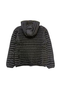 Giubbotto puffo nero con cappuccio, caratterizzato da un design trapuntato, polsini elasticizzati e una finitura liscia e lucida. Nessun marchio visibile o tasche.