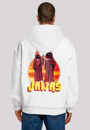 White hoodie featuring a large graphic of two characters in brown robes with yellow eyes and a sunset background, labeled "JAWAS."
