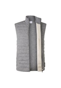 Grau gesteppte Weste mit hohem Kragen, durchgehendem Reißverschluss und cremefarbener Fütterung. Verfügt über seitliche Taschen und eine glatte Textur.