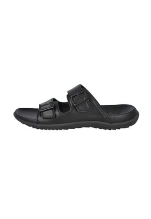 Chanclas negras de piel sintética, con dos hebillas ajustables, una textura lisa y una suela acolchada con un dibujo texturizado.