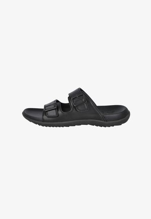 Chanclas negras de piel sintética, con dos hebillas ajustables, una textura lisa y una suela acolchada con un dibujo texturizado.