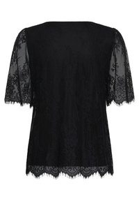 Blouse noire en dentelle à manches courtes, motifs floraux, ourlet festonné et tissu semi-transparent aux manches et au corps.