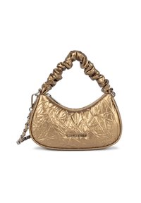 Borsa a tracolla in metallo dorato con texture increspata, forma a mezzaluna e cinturino arricciato. Presenta una chiusura a zip e un dettaglio del marchio sulla parte anteriore.
