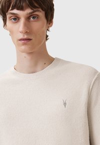 Cremefarbener Strickpullover mit Rundhalsausschnitt, der auf der Brust eine kleine graue Tierknochen-Stickerei zeigt. Weicher Stoff, lässige Passform.
