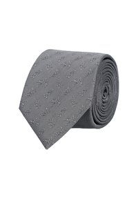 Szary krawat o prążkowanej fakturze i subtelnym wzorze kwiatowym, starannie zwinięty. Projekt charakteryzuje się eleganckim, stonowanym wyglądem.