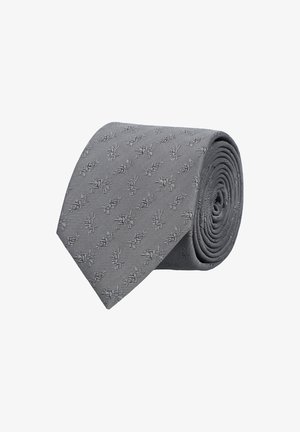 Szary krawat o prążkowanej fakturze i subtelnym wzorze kwiatowym, starannie zwinięty. Projekt charakteryzuje się eleganckim, stonowanym wyglądem.