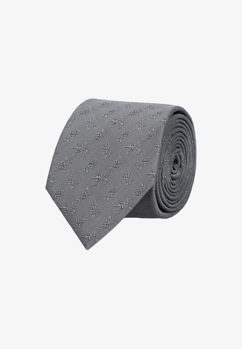 Szary krawat o prążkowanej fakturze i subtelnym wzorze kwiatowym, starannie zwinięty. Projekt charakteryzuje się eleganckim, stonowanym wyglądem.