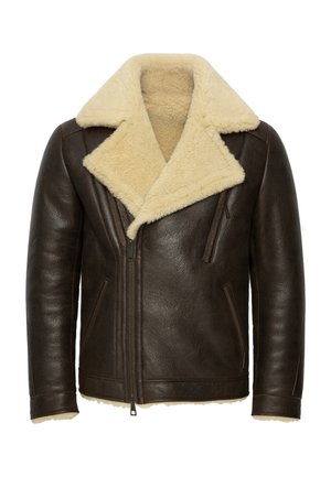 Giacca in pelle marrone con un colletto di shearling crema, chiusura con zip frontale e due tasche laterali. La texture è liscia con una finitura leggermente lucida.
