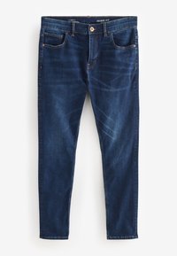 Temno modri skinny fit jeans iz denima; ima pet žepov, zapiranje na zgornji gumb in subtilne detajle bledenja ob nogah.