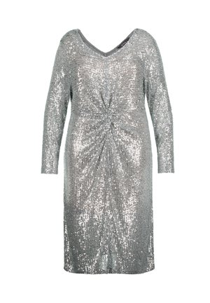 Abito in paillettes argento con scollatura a V, maniche lunghe e dettaglio frontale intrecciato. Presenta una siluetta aderente e una trama liscia.