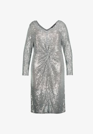 Abito in paillettes argento con scollatura a V, maniche lunghe e dettaglio frontale intrecciato. Presenta una siluetta aderente e una trama liscia.