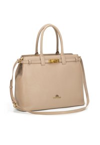 Sac à main en cuir beige avec une forme structurée, deux poignées supérieures et une bandoulière amovible. Il dispose de quincaillerie en ton doré et d'un logo gaufré.