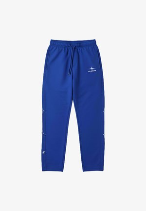 Blauwe joggingbroek van zachte stof, met een elastische tailleband en trekkoord, zijzakken en een wit logo op het linkerbeen.