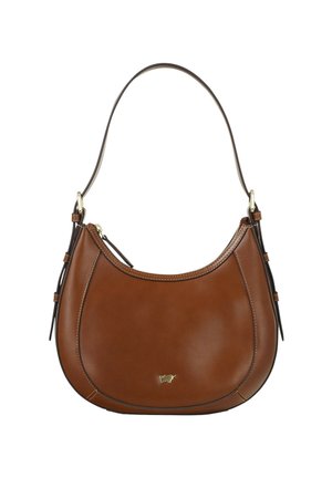 Borsa a tracolla in pelle marrone con una forma curva, una singola tracolla, dettagli in metallo color oro e decorazioni laterali. Presenta una chiusura superiore con cerniera.