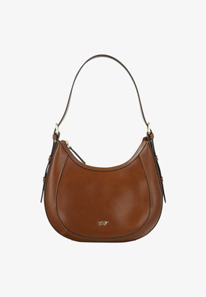 Borsa a tracolla in pelle marrone con una forma curva, una singola tracolla, dettagli in metallo color oro e decorazioni laterali. Presenta una chiusura superiore con cerniera.