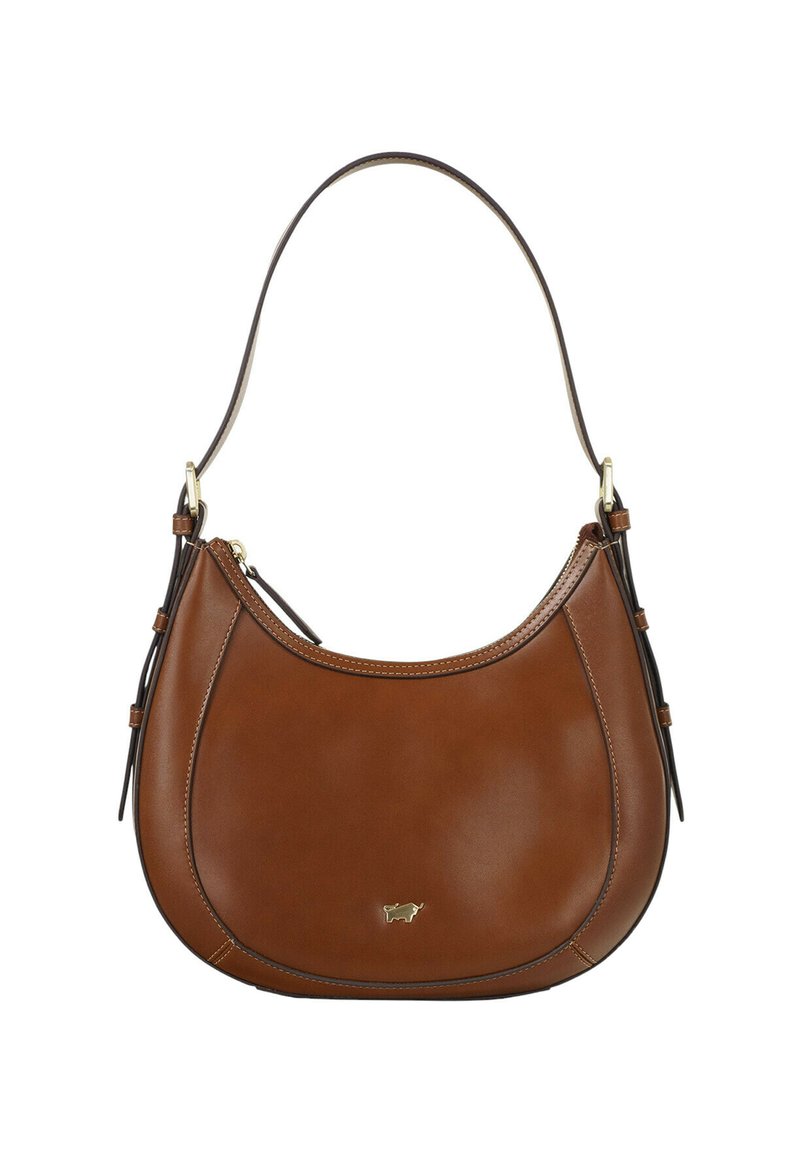 Borsa a tracolla in pelle marrone con una forma curva, una singola tracolla, dettagli in metallo color oro e decorazioni laterali. Presenta una chiusura superiore con cerniera.